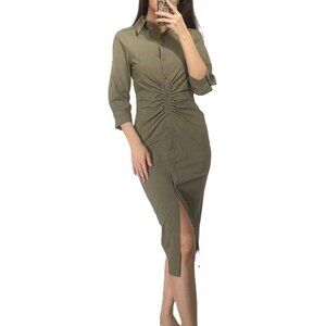 NWT Zara Ruched Button Down Stretch Midi Shirt Dress Green Size M